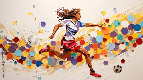 Dynamic paper art collage of a female football player in action, showcasing athleticism and empowerment. Concept of women in sports, portraying strength, determination, beauty of the game photo