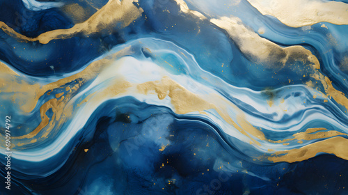 Style incorporates the swirls of marble or the ripples of agate. Very beautiful blue paint with the addition of gold powder. background. Generative AI. photo