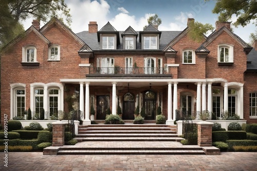 Luxurious Brick Mansion with Landscaped Gardens and Grand Entrance