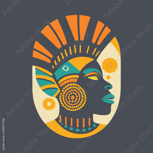 Minimalist Tshirt or Logo Design Stylized Head with a Traditional African Hairstyle and Jewelry, Abstract Art in Orange Yellow Emerald White Colors, Graffiti, using Negative Space