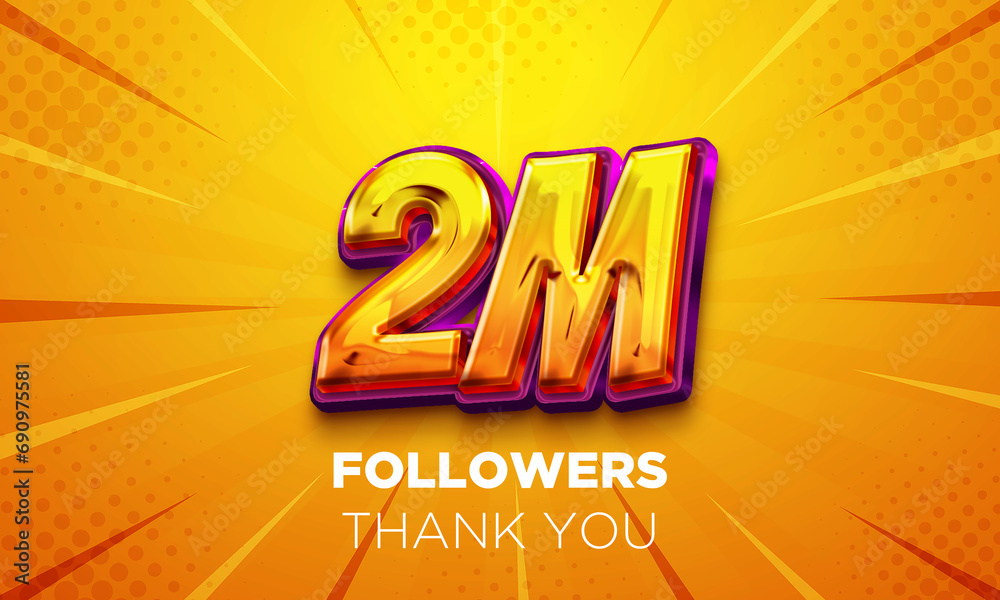 2 Million followers celebration. Social media poster. Followers, thank your lettering. 3D Rendering