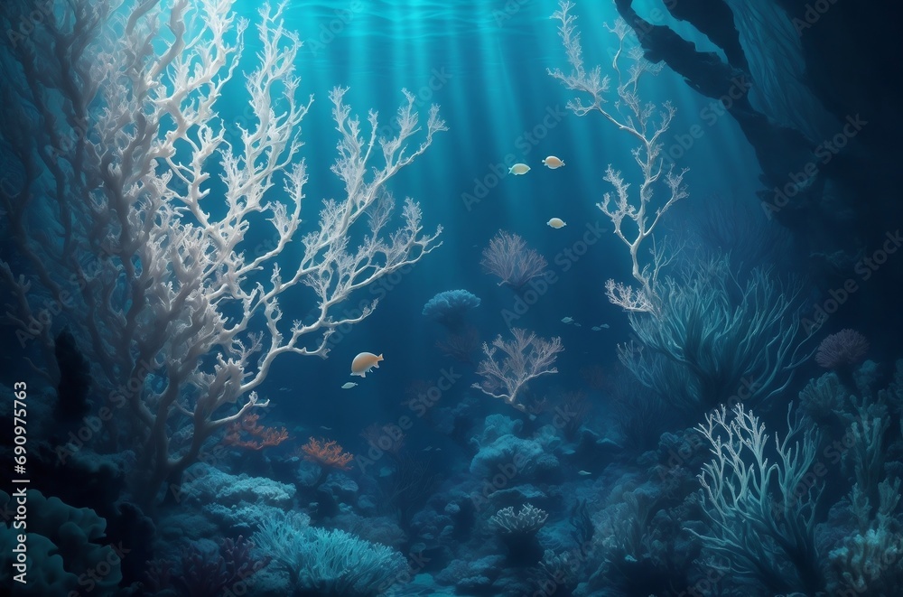 Fototapeta premium A beautiful underwater scene of a coral reef with tropical fish swimming around. The light filters through the water, creating a serene and peaceful atmosphere.Created with generative AI