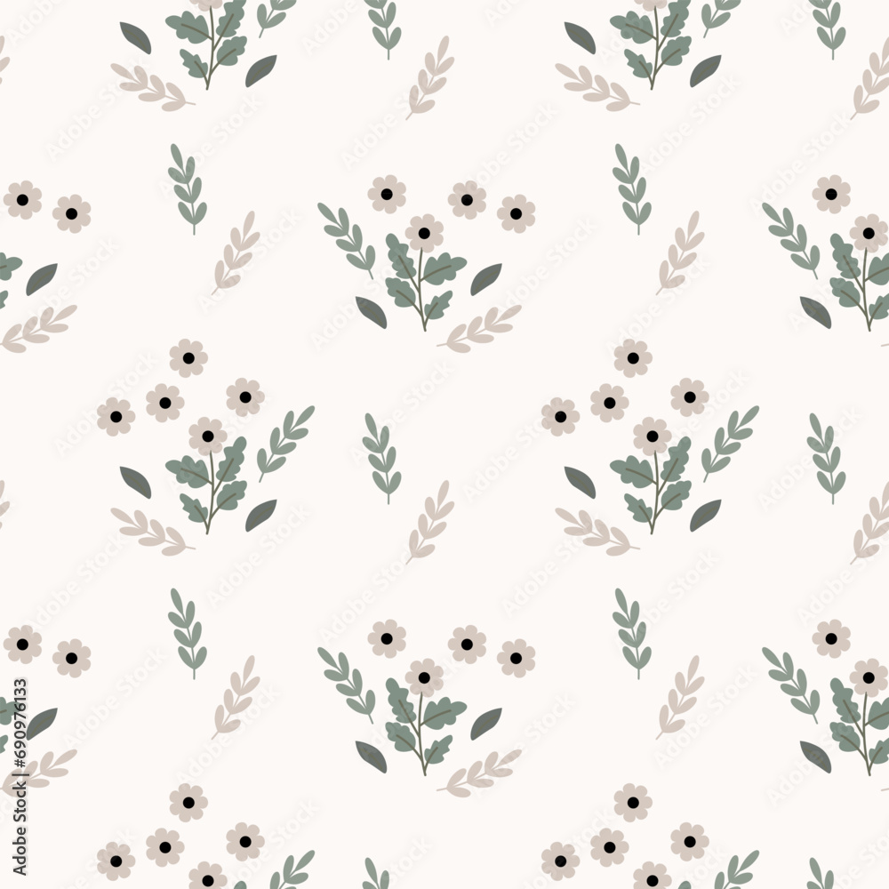 Seamless pattern, small flowers and scattered leaves. Floral rustic background, print, textile, wallpaper, vector Seamless pattern, small flowers and scattered leaves. Floral rustic background, print, textile, wallpaper, vector