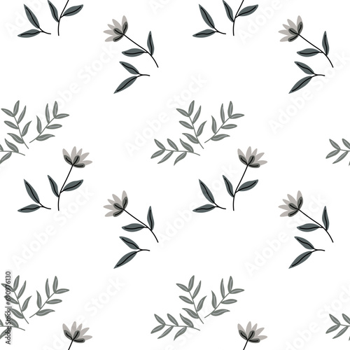 Seamless pattern, small flowers and scattered leaves. Floral rustic background, print, textile, wallpaper, vector