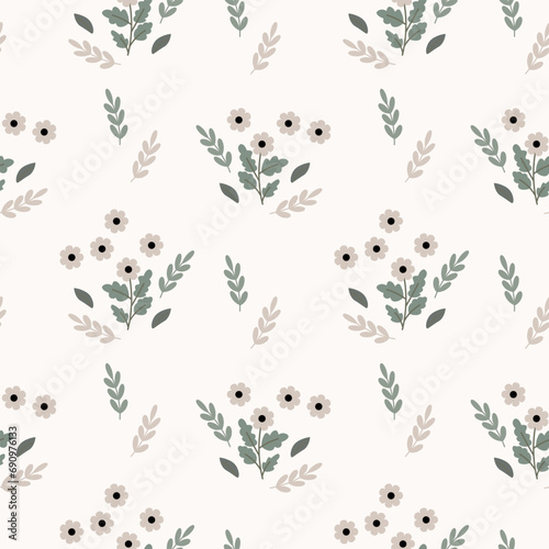 Seamless pattern, small flowers and scattered leaves. Floral rustic background, print, textile, wallpaper, vector