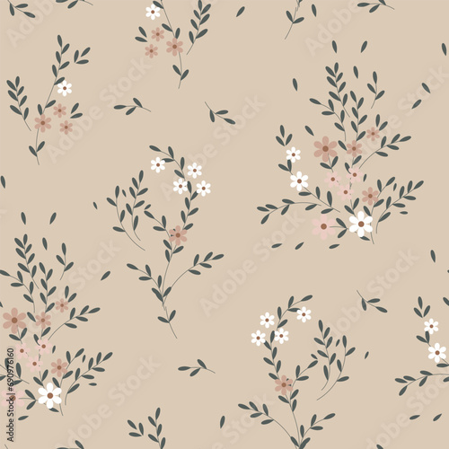 Seamless pattern, small flowers and scattered leaves. Floral rustic background, print, textile, wallpaper, vector