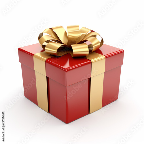 Red gift box with gold ribbon isolated on white background.