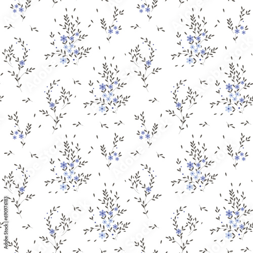 Seamless pattern, small flowers and scattered leaves. Floral rustic background, print, textile, wallpaper, vector
