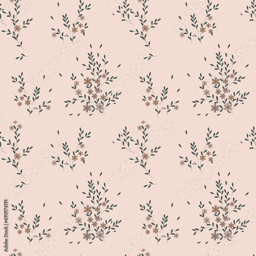 Seamless pattern, small flowers and scattered leaves. Floral rustic background, print, textile, wallpaper, vector