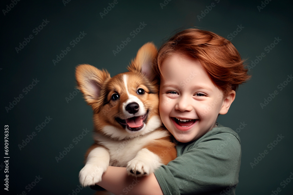A charming red-haired boy holds a corgi puppy in his arms, which was given by his parents for his birthday. A child's pure love for a dog