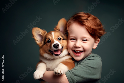 A charming red-haired boy holds a corgi puppy in his arms, which was given by his parents for his birthday. A child's pure love for a dog