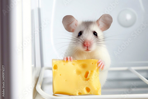 frightened mouse or hamster holds cheese in its paws against the background of an empty refrigerator. Funny animal in the fridge photo