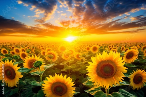 A vibrant field of sunflowers under the golden rays of the afternoon sun, their petals glowing with warmth.