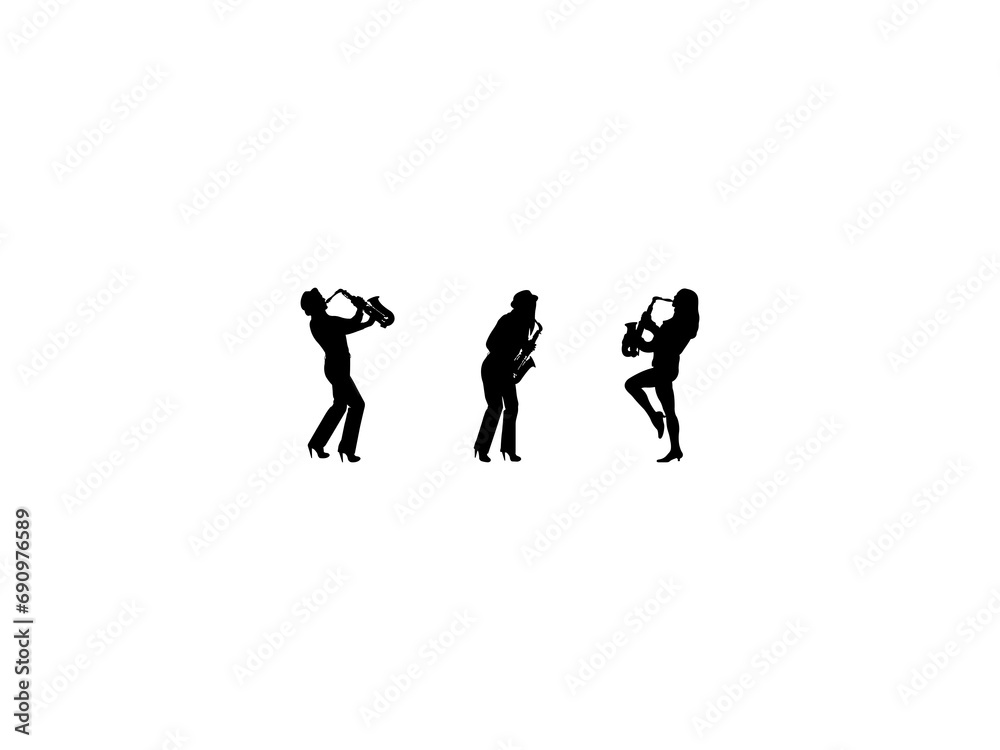 Set of Woman Playing Saxophone Silhouette in various poses isolated on white background Set of Woman Playing Saxophone Silhouette in various poses isolated on white background