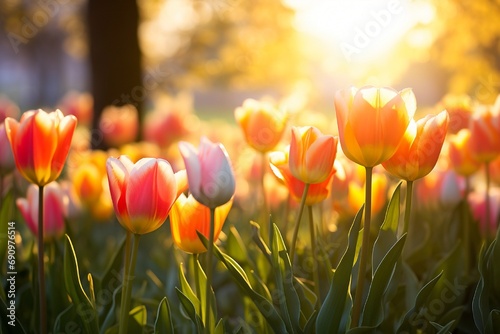 A vibrant field of tulips, each flower surrounded by a soft bokeh background in the glow of the morning sun. © Faisu