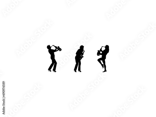 Set of Woman Playing Saxophone Silhouette in various poses isolated on white background