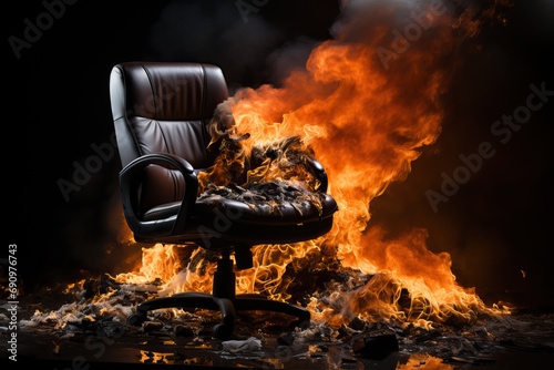 A burning chair in the office, burnout and loss of reality. Deadline and postponement of issuing the order on time. photo