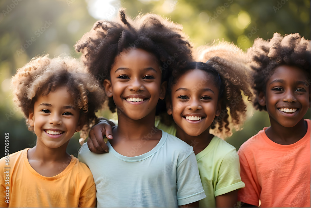 Fototapeta premium Group of African American children smiling in an outdoor background, playful childhood, generative AI
