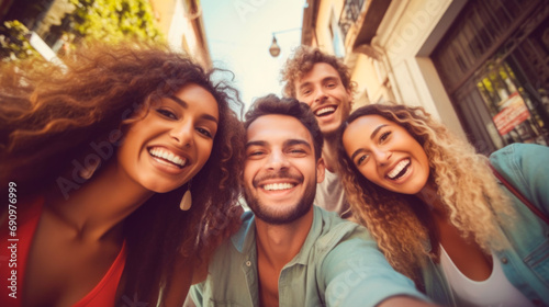 Multiracial group of friends having fun outside. Friendship concept man and woman hanging out on city street. 