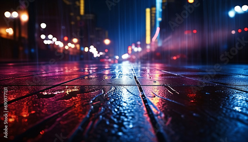 Dark street, reflection of neon light on wet asphalt. Rays of light and red laser light in the dark. Night view of the street, abtract colorful futuristic night city background. 