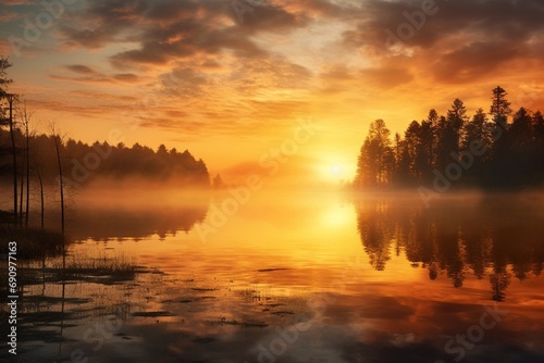 A vibrant sunrise over a serene lake with mist rising from the water, casting reflections of golden hues.
