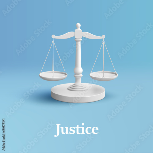 Justice white 3d scales law equality render illustration, balance measure symbol isolated icon realistic icon design