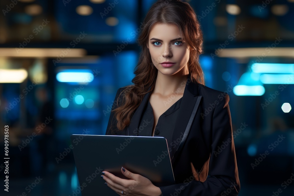 Photo of a confident businesswoman holding laptop. Generative AI