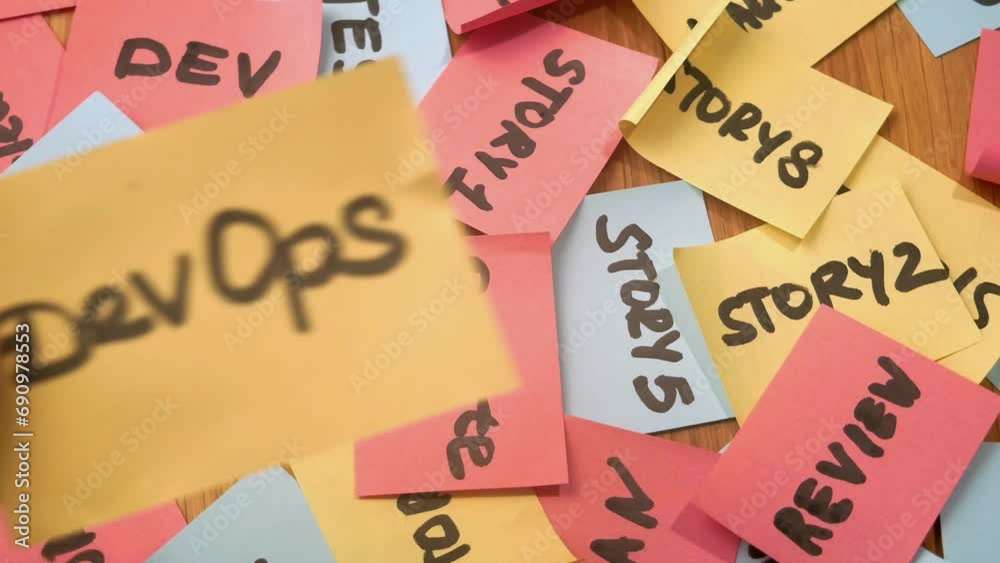 software scrum agile and devops paper task on the table rotating, agile software development methodologies concept software scrum agile and devops paper task on the table rotating, agile software development methodologies concept