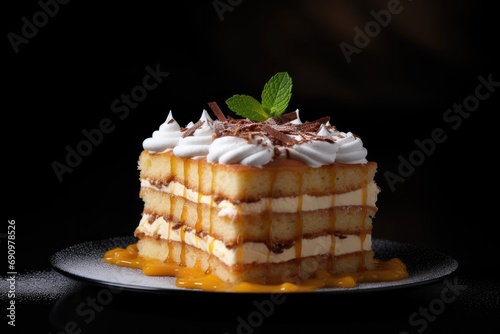 A slice of very delicious appetizing cake, sweet cake. Foamy creamy. Isolated on black background. Generative AI photo