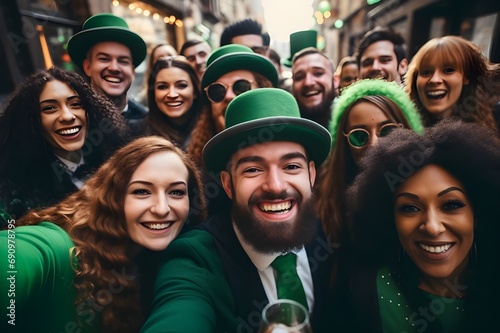 A selfie, group of people are celebrating St. Patrick's Day,green 