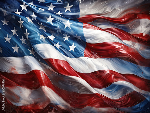 An american flag is blowing in the wind on a dark background