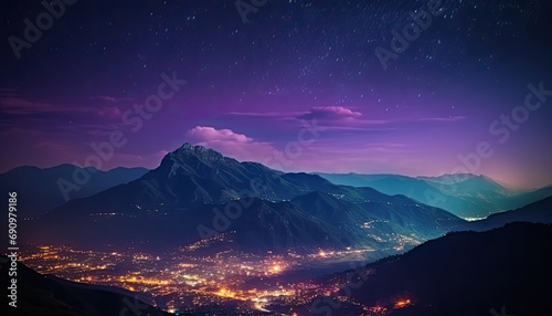 Mountain landscape with magical purple night light and starry sky.