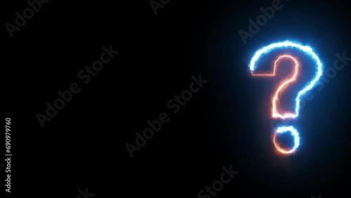 Glowing fire purple and blue neon question mark symbol on alpha channel background. Question mark sign animation. Neon colored digital 3D big question sign photo