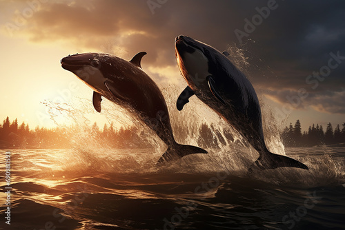 Playful dolphins jumping in the sea at sunset