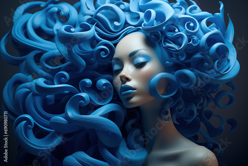 Beautiful female with an abstract hairs, creative blue colored illustration