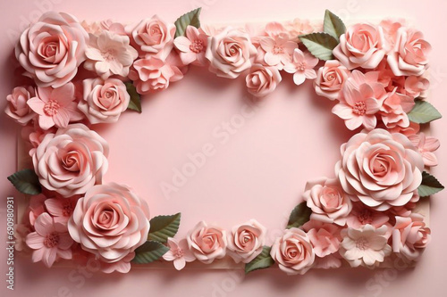  Banner with frame made of rose flowers and green leaves on a pink background. Springtime composition with copyspace