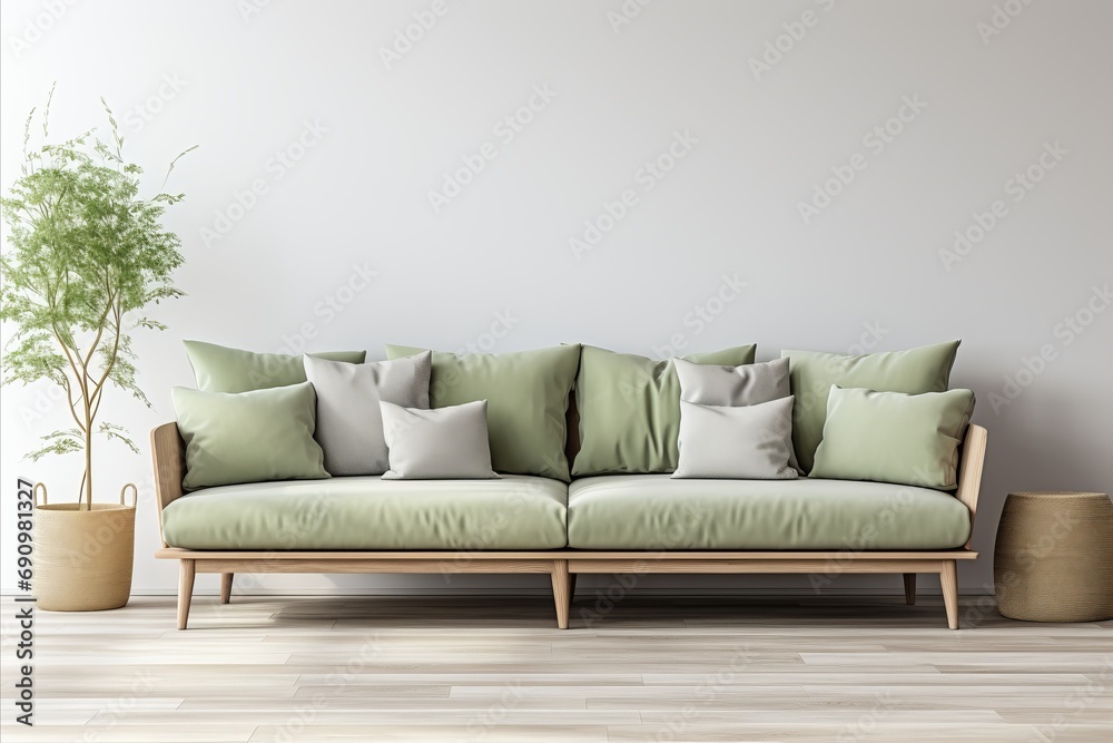 Fototapeta premium Modern Scandinavian Living Room with Light Green Sofa, Beige Pillows, and Wall Copy Space