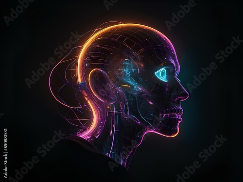 transparent glowing human head, glowing lines, black background, for design, isolated