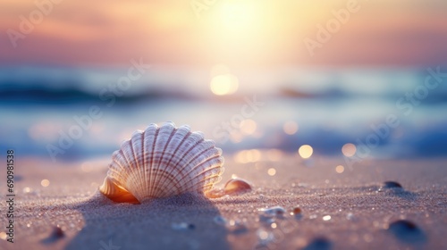 Small seashell on the beach with blurred sof sea and bokeh background photo