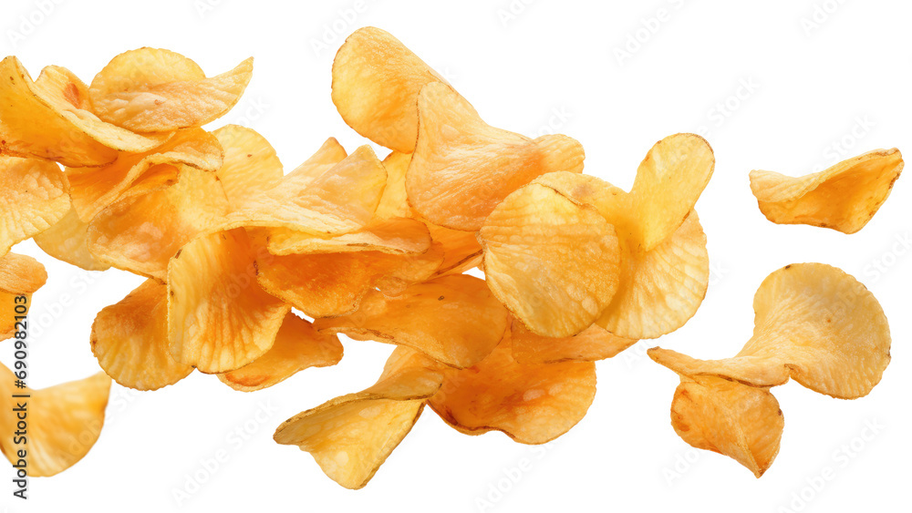 Flying potato chips, isolated on white background, png Flying potato chips, isolated on white background, png