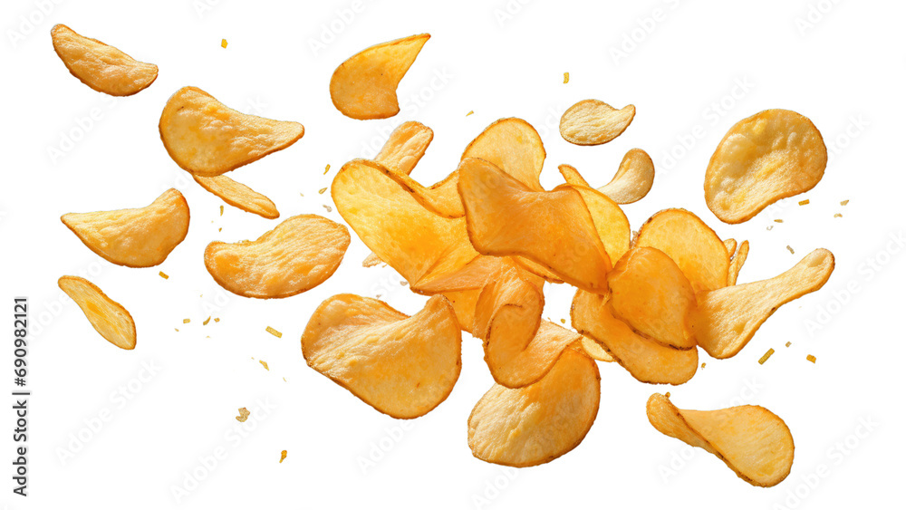 Flying potato chips, isolated on white background, png Flying potato chips, isolated on white background, png