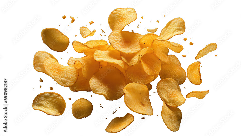 Flying potato chips, isolated on white background, png Flying potato chips, isolated on white background, png