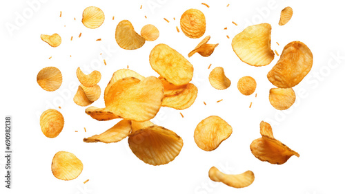 Flying potato chips, isolated on white background, png	