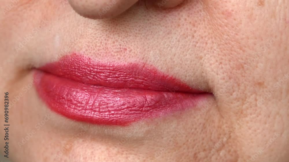 Middle-aged beautiful woman paints lips with red lipstick macro Middle-aged beautiful woman paints lips with red lipstick macro