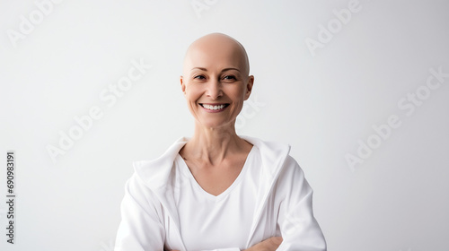 Portrait of a happy hairless bald woman woman girl looking at the camera on a white bright blurred studio background photo