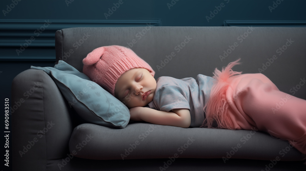 Adorable petit enfant dormant avec un bonnet sur un canapé - obrazy, fototapety, plakaty 