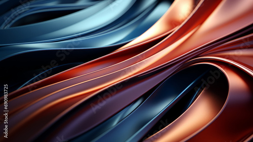Abstract wavy lines in blue and orange tones with a metallic sheen.