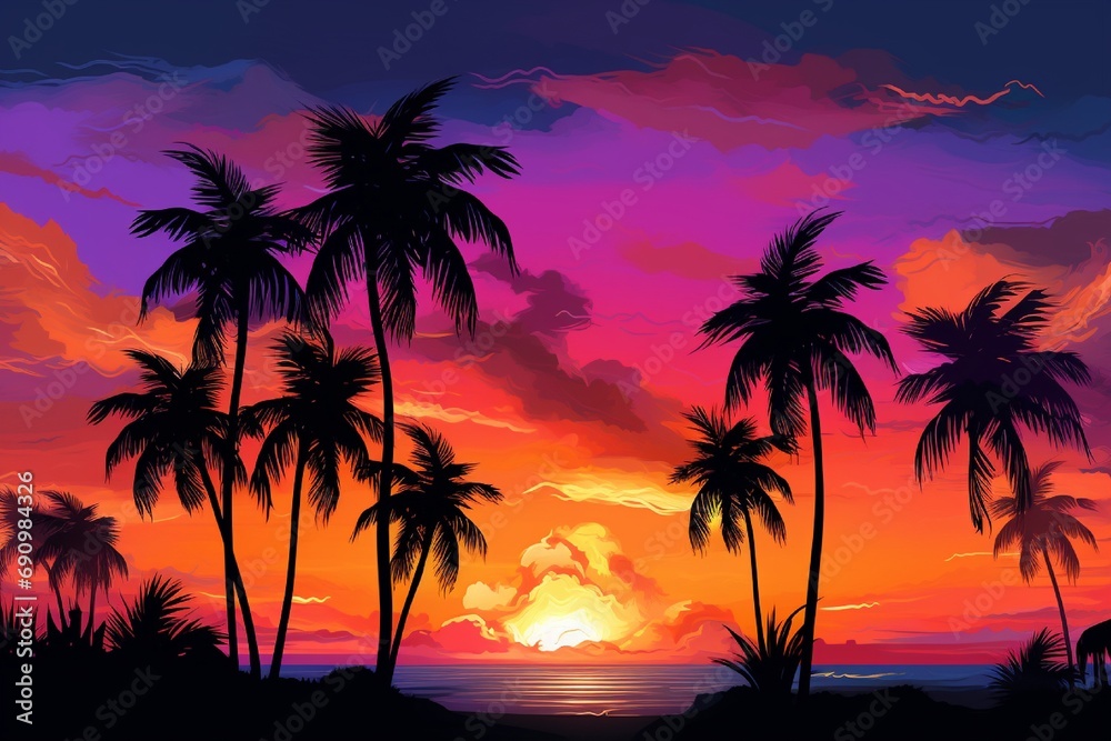 Tropical palm trees silhouetted against a vivid sunset, with the sky painted in shades of orange, pink, and purple.