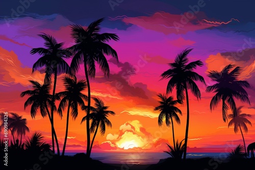 Tropical palm trees silhouetted against a vivid sunset, with the sky painted in shades of orange, pink, and purple.