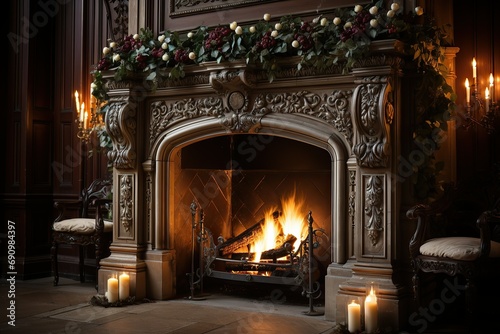 Elegant fireplace with ornate details and Christmas garland